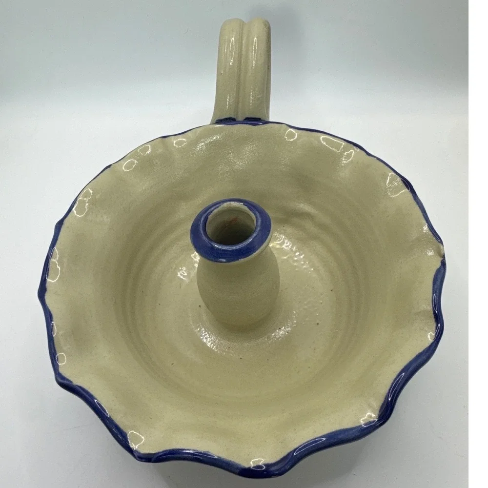 Williamsburg Pottery Salt Glaze Stoneware Chamberstick Candle Holder Blue Floral